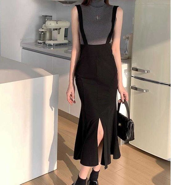 

black ruffled suspender skirt womens spring high waist stretch slim front slit