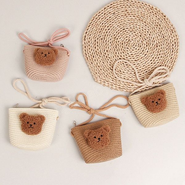 

bear kids straw bag summer baby bags for girls boys coin purse wallet children messenger bag for beach travel small size, White