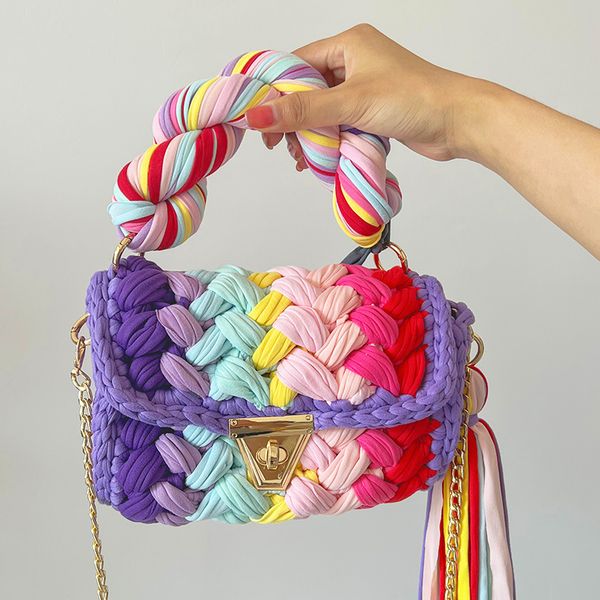 

evening bags multi color handbags beach yarn purse woven shoulder bags colorful rainbow luxury crochet bag handmade 230413