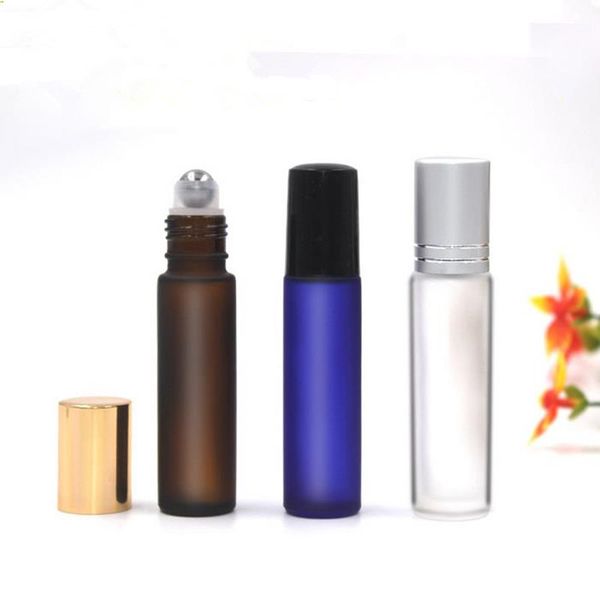 

500pcs/lot 10ml frosted glass bottle roll on essential oil perfume bottles stainless steel roller ball clear brown blue