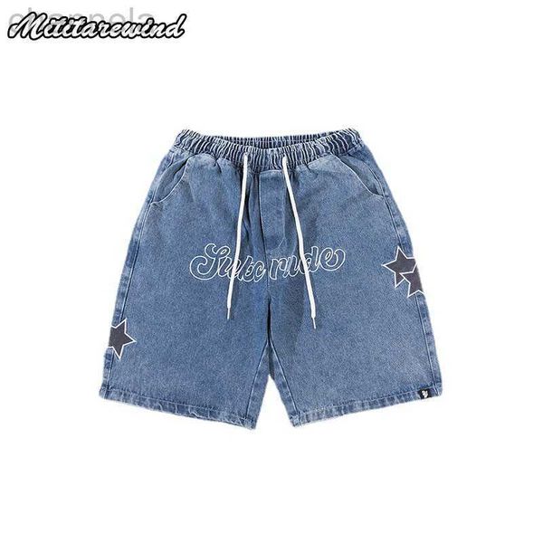 

men's shorts american vintage letter embroidery washed cargo denim fashion brand high street loose casual straight pants, White;black