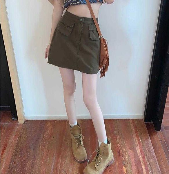

workwear with pocket denim skirt for women spring high waist versatile slimming, Black