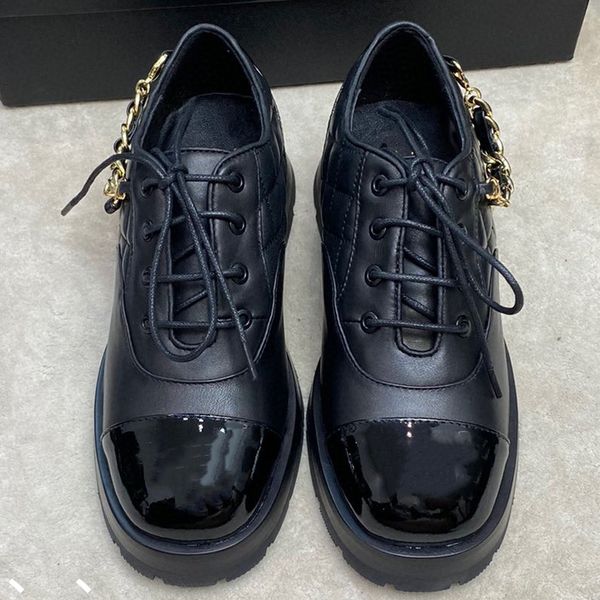 

new autumn standard dress shoes chain boots thick sole lefu flats balack english style small leather shoe coarse large head high heels singl, Black