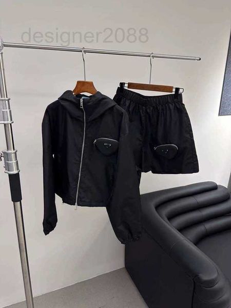 

women's two piece pants designer 23 spring/summer fashion letter triangle label bag hooded long sleeve coat nylon high waist shorts set, White