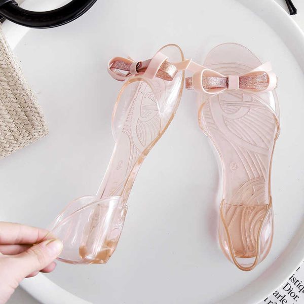 

sandals beach cover heels transparent jelly shoes women girls clear crystal flats sandalias ladies slip on bowtie sweet sandals open toe, Black