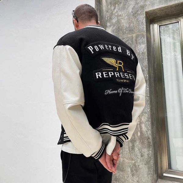 

men's hoodies represent rep designer fashion mosaic leather sleeve baseball jersey heavy embroidery angel american high street couple j, Black