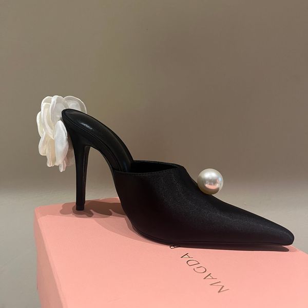 

Magda Butrym Faux-Pearl flower Embellished satin mule heeled pumps Pointed Toe Slip-on designer high heel Sandals Women Evening Party Wedding shoes factory footwear, Black