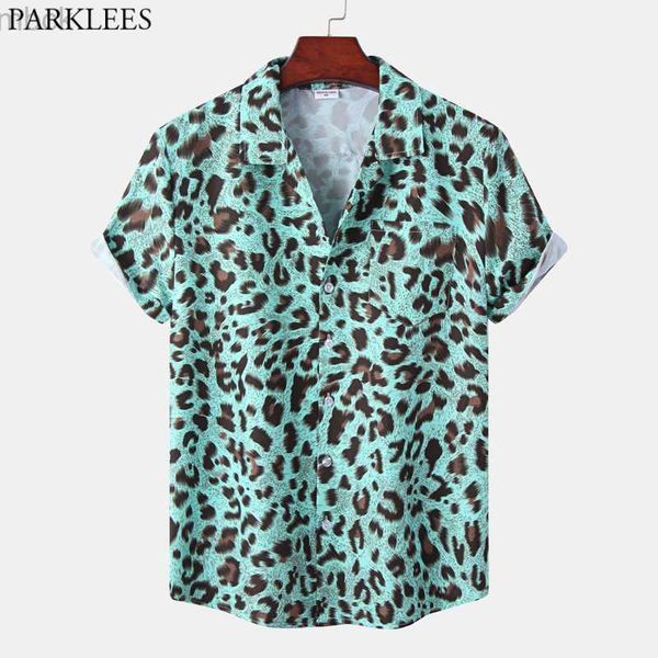 

men's polos leopard print mens hawaiian shirt 2023 summer new short seleeve quick dry beach shirts men holiday aloha rock party shirt, White;black