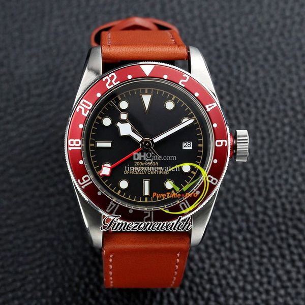 

amf 41mm gmt m79830rb 79830 mens watches a2813 automatic mens watch black dial red bezel steel csse brown leather strap new watches timezone, Slivery;brown