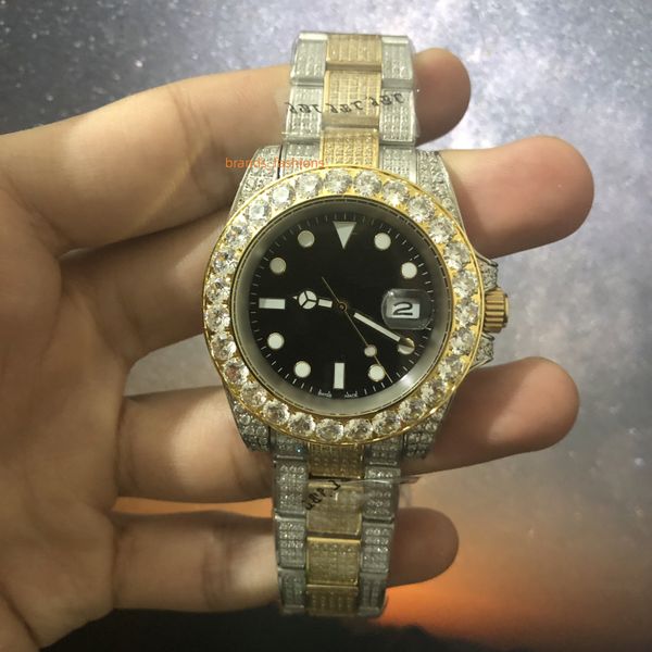 

men's boutique watch black dial bi-gold plated stainless steel diamond strap cz diamond fashion watch automatic mechanical calendar wat, Slivery;brown