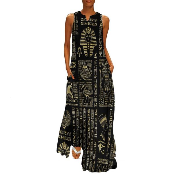 

casual dresses retro letter print dress egyptian hieroglyphs vintage maxi dress aesthetic bohemia long dresses summer v neck pattern big siz, Black;gray