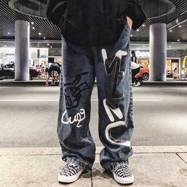 

men's pants y2k mens korean casual streetwear blue harajuku vintage jeans graffiti wide leg baggy straight denim pants trousers men clo, Black