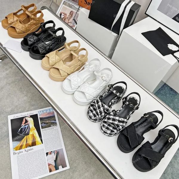 

designer sandal quilted platform sandals calfskin tweed canvas cross strap wedges high heels buckle wedge peep toe mule diamond luxury slide, Black