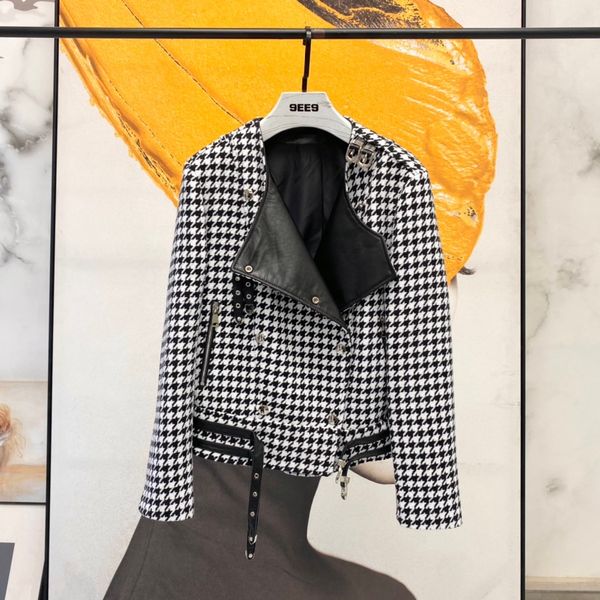 

23ss women's blends fashionable coat bird checker double breasted sheepskin spliced woolen short coat, Black