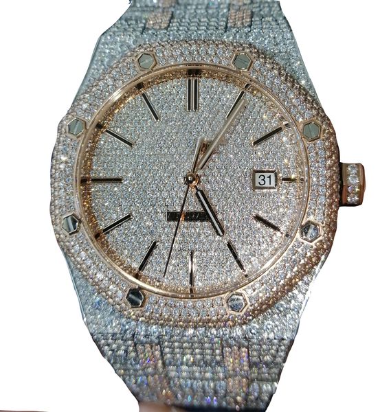 

luxury mens watches 4130 movement 3255 montre de luxe mosang stone iced cz watch blingbling watchs 904l automatic mechanical wristwatch for, Slivery;brown