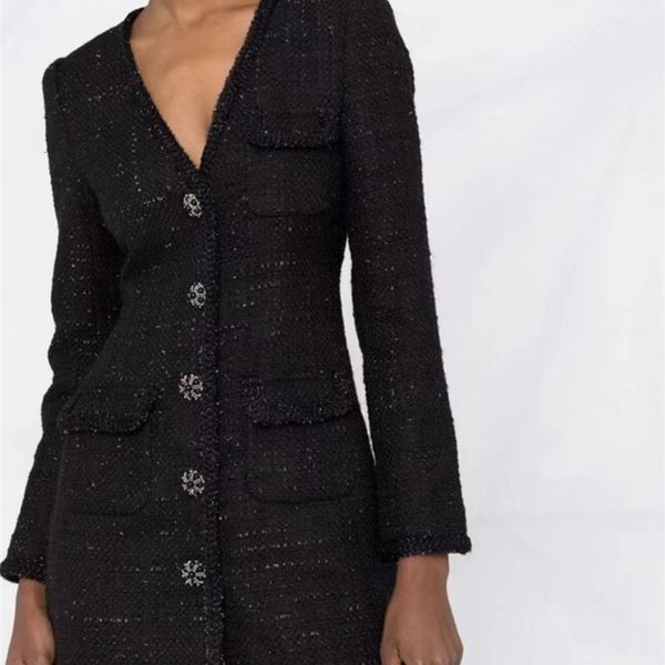 

casual dresses women v-neck high waist tweed mini dress early autumn long sleeve single-breasted slim filt short coat tyle robe230413, Black;gray