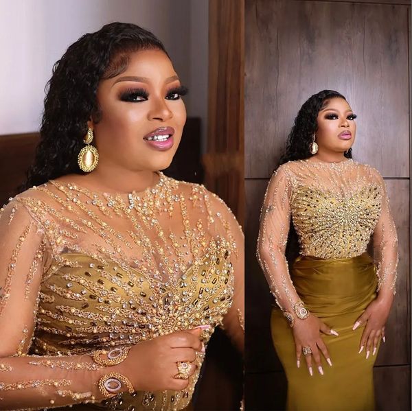 

arabic evening dresses wear gold illusion jewel neck long sleeves crystal beads mermaid plus size celebrity dresses party gowns, Black;red