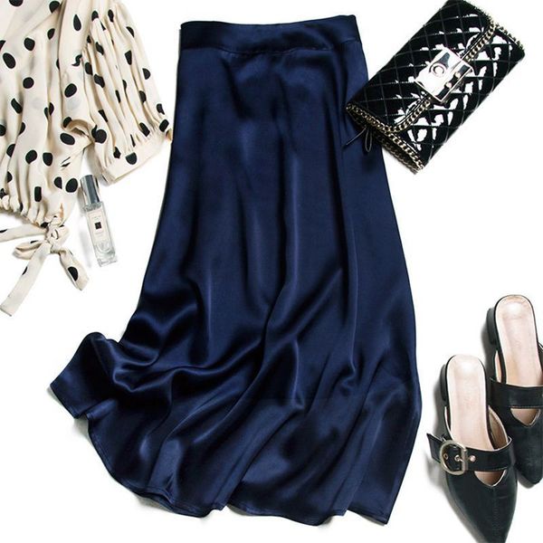 

skirts 2023 vintage korean satin women elegant high waist office lady autumn long fashion faldas mujer m30541 230413, Black