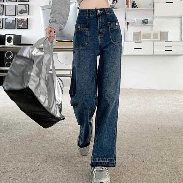 

womens korean style high waist pocket straight jeans autumn water blue loose