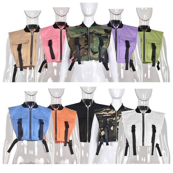

2023 designer workwear women vests summer y2k chest pocket zip tank camouflaged solid causal sleeveless waist buckle jackets wholesale bulk, Black;white