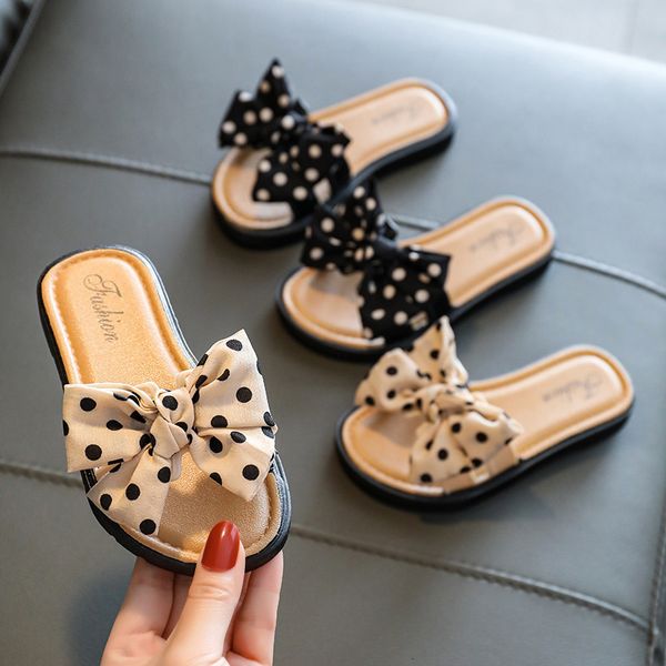 

first walkers bow flats open toe slide sandals non slip flip flops children home slippers kids girls summer cute beach shoe 230412