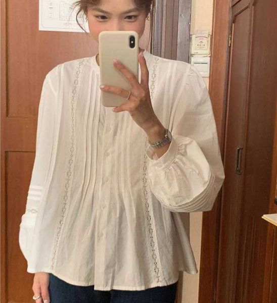 

korean style shirt spring heavy industry lace cut out ruffles patchwork round, White
