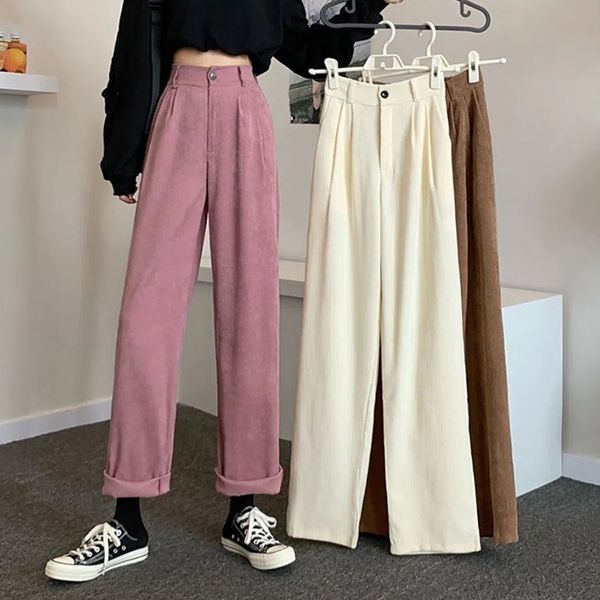

women's pants capris rimocy korean wide leg straight pants women high waisted warm plush trousers woman autumn winter loose corduroy pa, Black;white