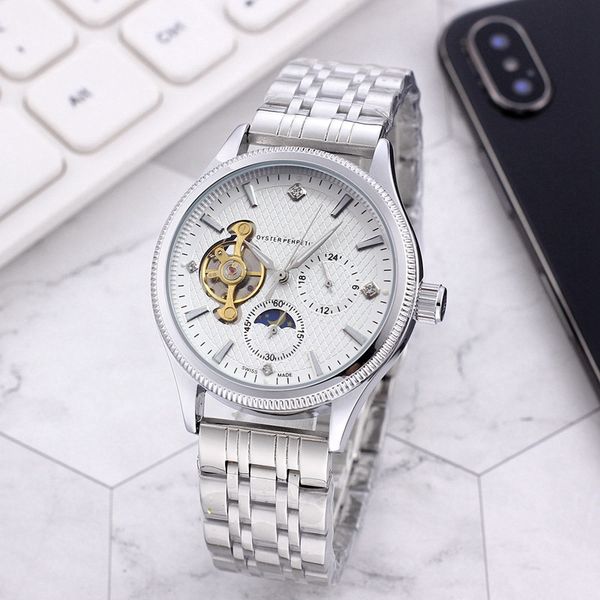

role wristwatches for men 2023 new mens watches 40mm tourbillon automatic mechanical watch luxury brand steel strap moon phase men fashion m, Slivery;golden