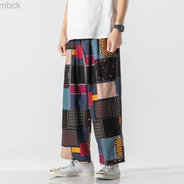 

men's pants harajuku style men's harem pants fashion wide leg straight casual patchwork pants male loose 2023 cotton linen trouser, Black