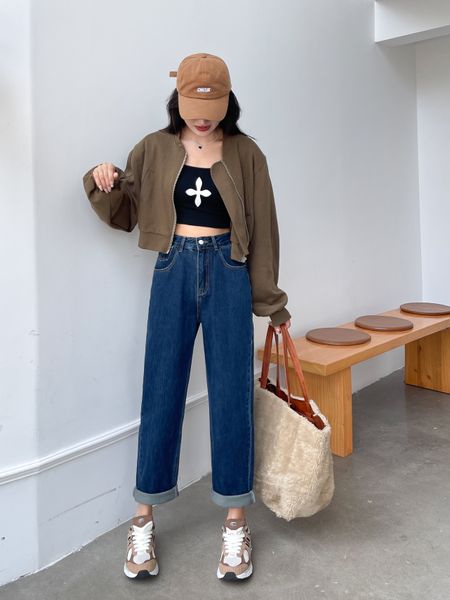 

women's jeans harlan denim pants girl's spring mid waisted versatile loose autumn simple retro casual wide leg jeans long trousers, Blue