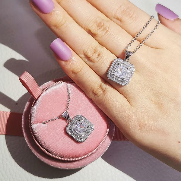 

luxury 925 sterling silver square chocker necklace lab diamond wedding pendants necklace for women bridal charm party jewelry