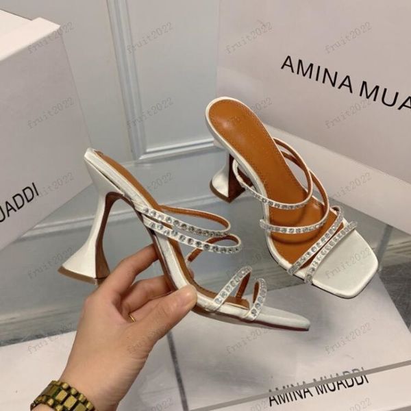 

amina muaddi womens sandals leather sole designer high heels 10cm crystal bow diamond chain decoration banquet women lightblue silk wedding, Black