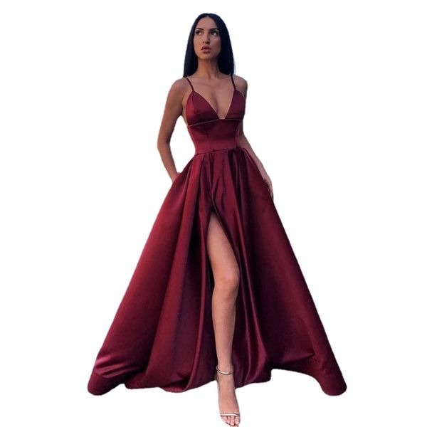 

v neck satin evening dresses spaghetti strap side slit prom dress high waist formal evening gowns party dress robe de soiree, Black;red