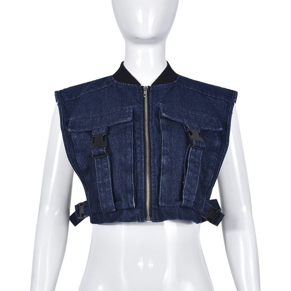 

2023 designer workwear women vests summer y2k chest pocket zip denim tank solid causal sleeveless buckle daily streetwear jacket wholesale, Black;white