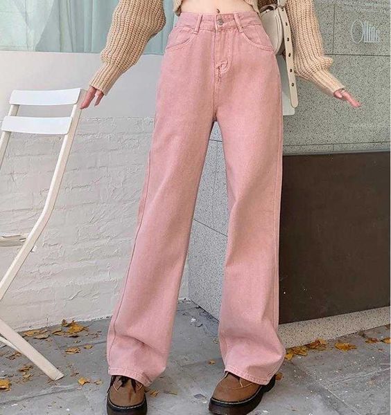 

korean style pink straight jeans womens autumn high waist loose and slimming mop, Blue