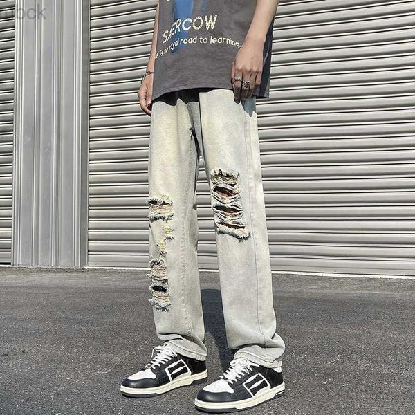 

men's pants 2023 new distinctive ripped men's retro jeans korean fashion streetwear slim-fit denim pants all-match high street tro, Black