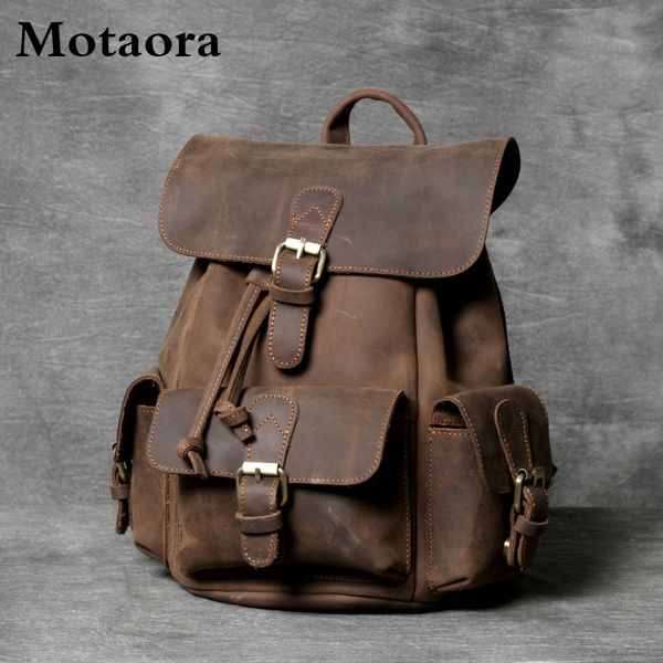 

school bags motaora women's backpack crazy horse cowhide bags for women handmade genuine leather backpacks for 11" ipad pro retro