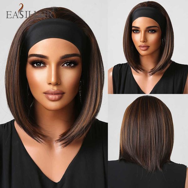 

synthetic wigs easihair mixed brown short straight synthetic headband wigs for black women natural bob hair daily cosplay heat resistant 230