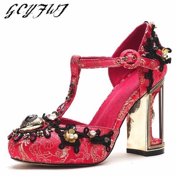 

sandals women sandals ethnic style cheongsam with beaded embroidered word buckle women shoes summer buckle strange heels sandalias mujer 230, Black