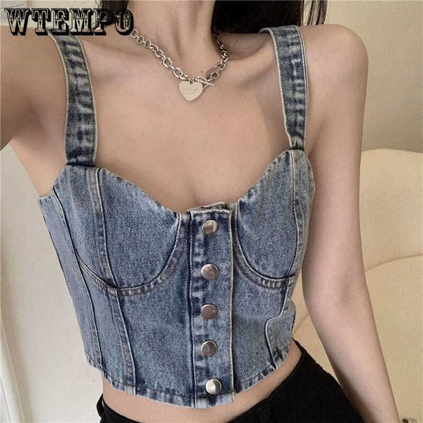 

camisoles tanks denim pleated tank single breasted slim fit camis women's short cropped crop korean vest wholesale 230413, Black;white