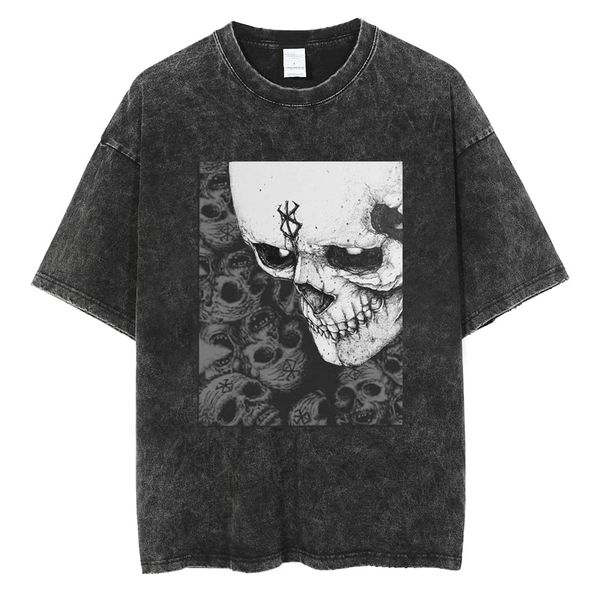 

men's t-shirts hip hop streetwear men washed t-shirts anime berserk print t shirt summer 100% cotton retro tees breathable casual tees, White;black