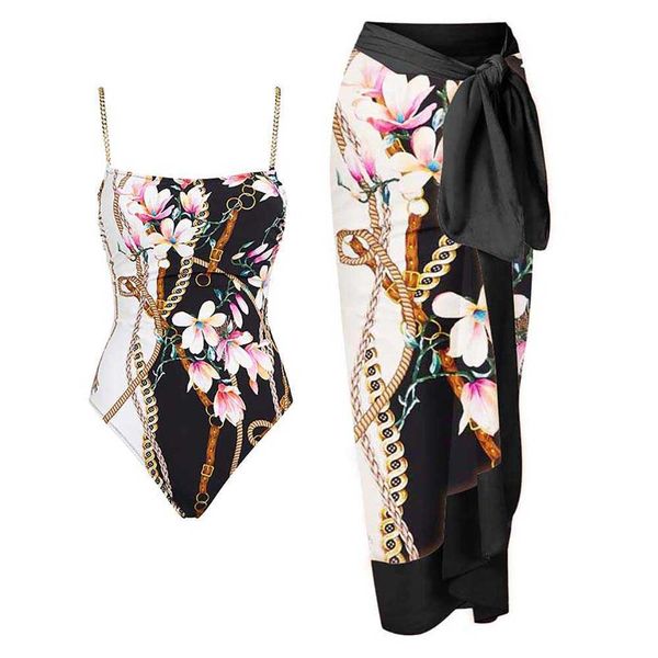 

fashion print one piece sling swimwear slim fit backless beachwear chain stitched straps chic cover up swimsuit230413, White;black