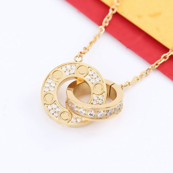 

couple jewelry fashion necklace men's and women's double rings full of zircon two rows of diamond pendants double buckle necklace, Silver