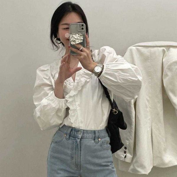 

korean chic spring womens blouses french lace stitching lapel puff sleeve cotton, White