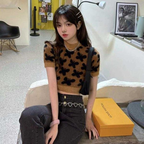 

cute butterfly jacquard sweaters contrast color high waist soft glutinous mink, White;black