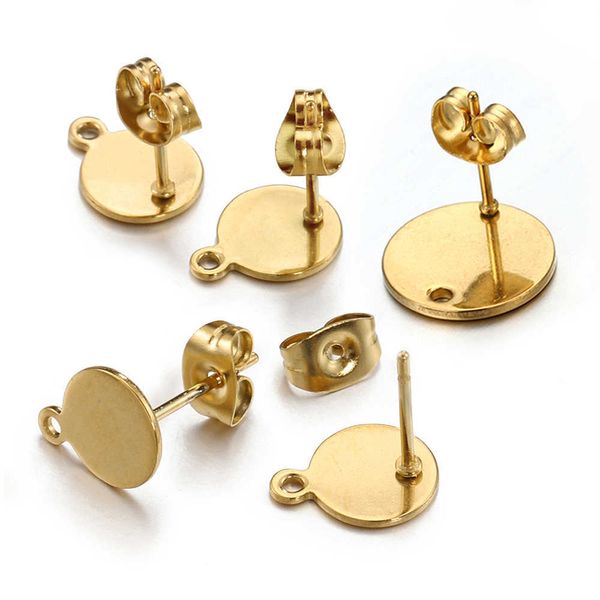 

stud 10pcs stainless steel round ear studs for earrings base jewelry making diy gold color dangle hole charm pendants components p230411, Golden;silver