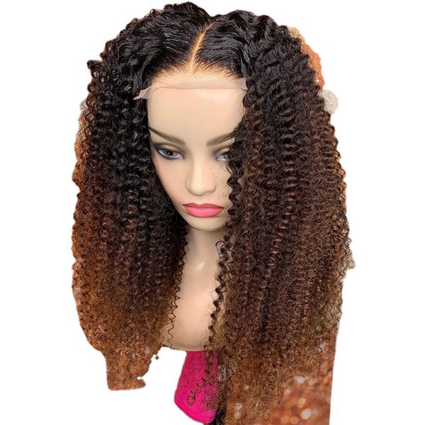 

lace front wig 26inch ombre blonde kinky curly preplucked 180%density glueless with babyhair heat temperature daily cosplay wig, Black;brown