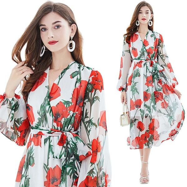 

2023 floral corn poppy tencel large swing dress women elegant v-neck waist tie beach casual maxi dress long sleeve designer ladies printed r, Black;gray