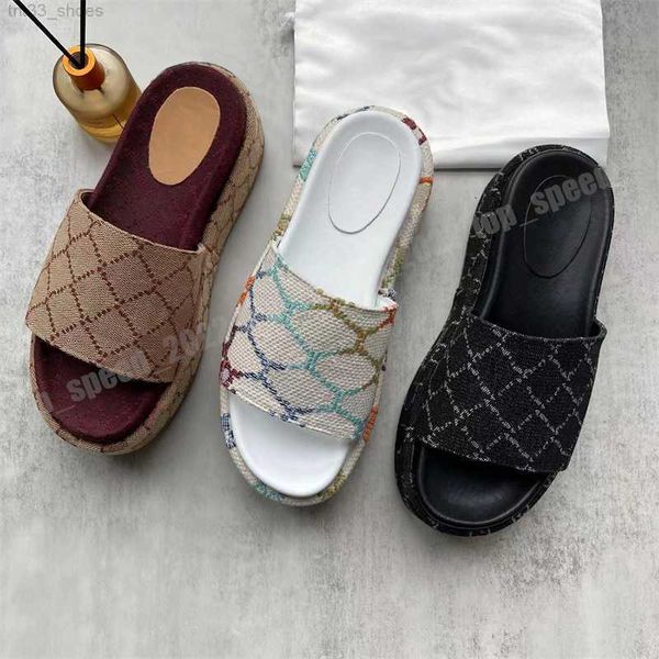 

2022 womens slippers fashion embroidered canvas designer slides slip mens 60mm canvas covered platform sandals, Black