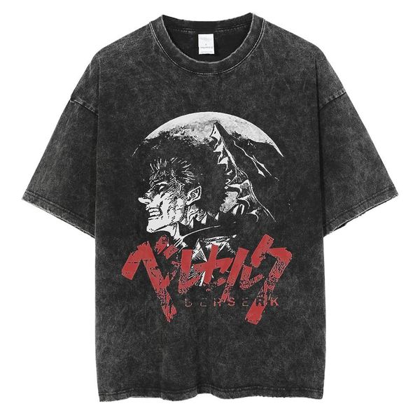 

men's t-shirts anime berserk printed tshirt black 100% cotton tshirts guts washed retro t-shirt y2k short-sleeved shirts summer streetw, White;black